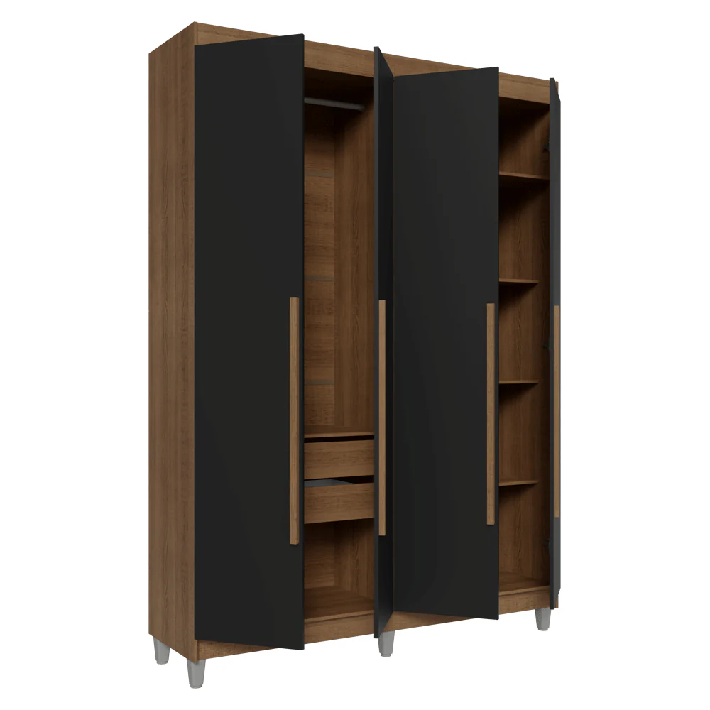 Guarda-Roupa Solteiro com Pés 4 Portas Batentes Rustic/Preto/Rustic Venus Madesa - Image 9
