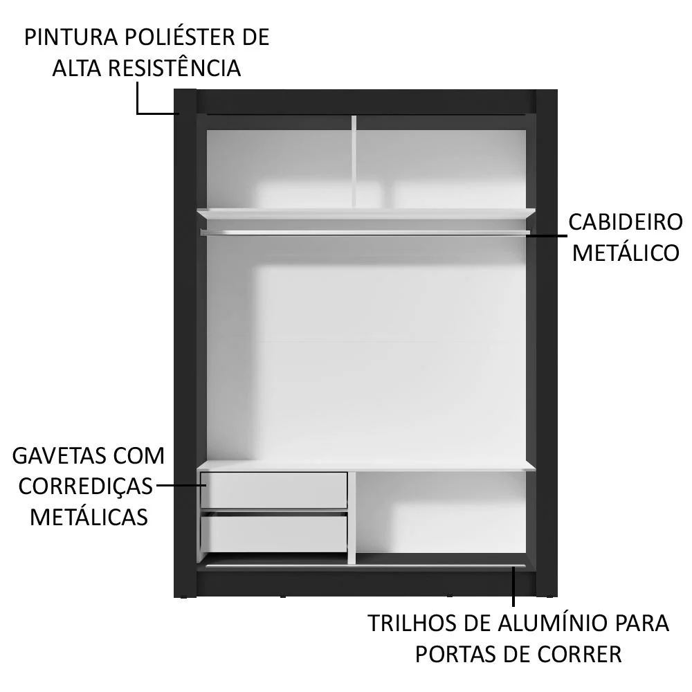 Guarda-Roupa Solteiro Madesa Dallas 2 Portas de Correr 2 Gavetas Preto/Rustic - Image 6
