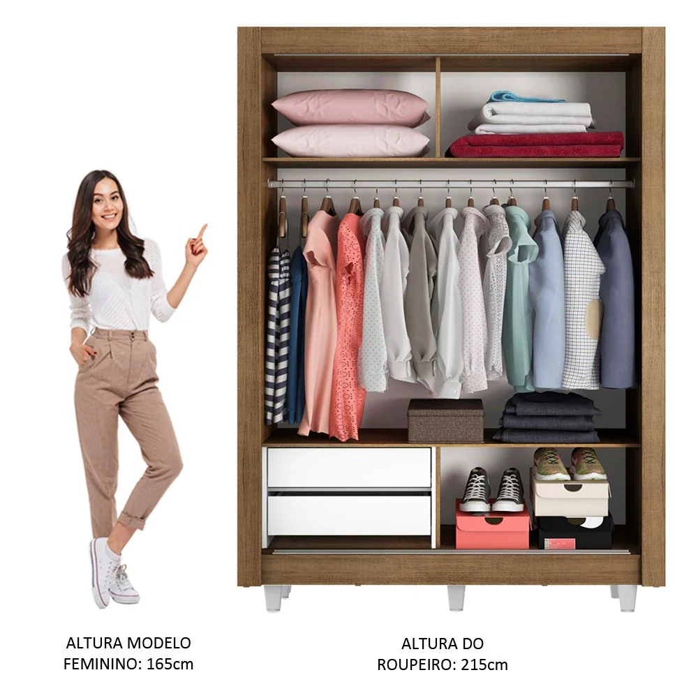 Guarda-Roupa Solteiro Madesa Dallas 2 Portas de Correr com Espelho 2 Gavetas com Pés Rustic/Branco - Image 4