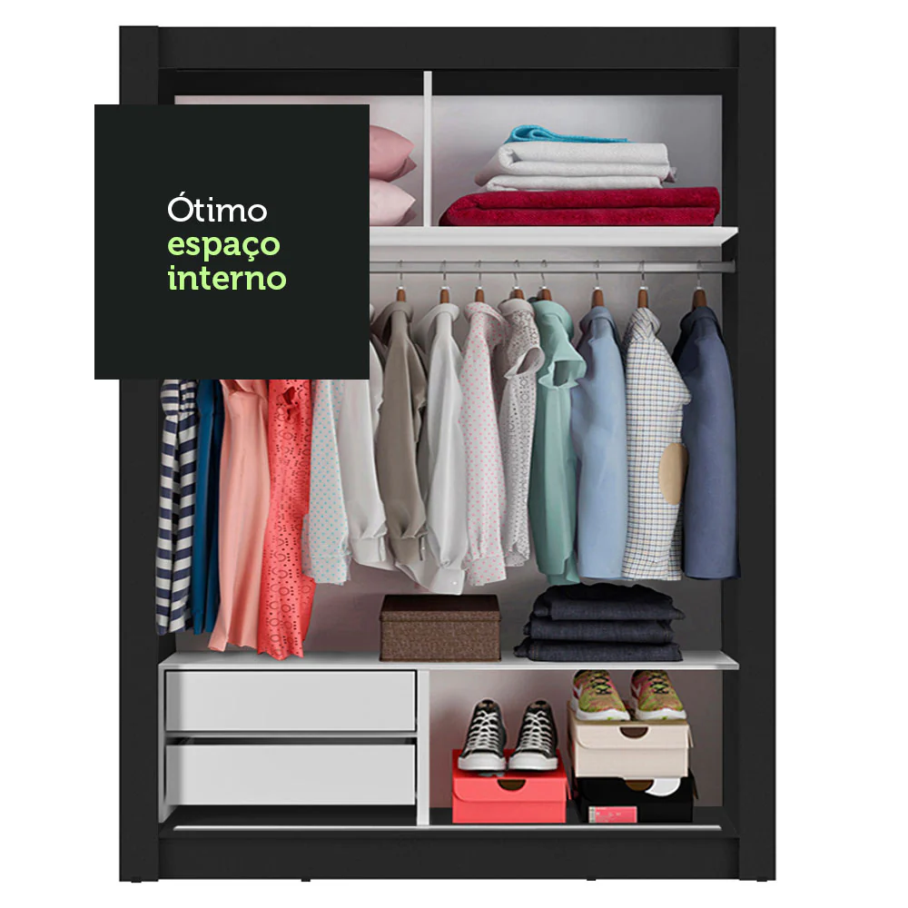 Guarda-Roupa Solteiro Madesa Dallas 2 Portas de Correr com Espelho 2 Gavetas Preto - Image 7