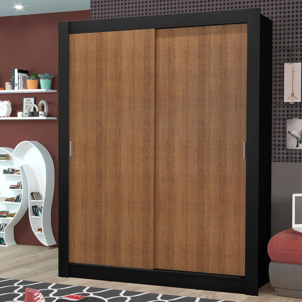 Guarda-Roupa Solteiro Madesa Dallas Plus 2 Portas de Correr 4 Gavetas Preto/Rustic