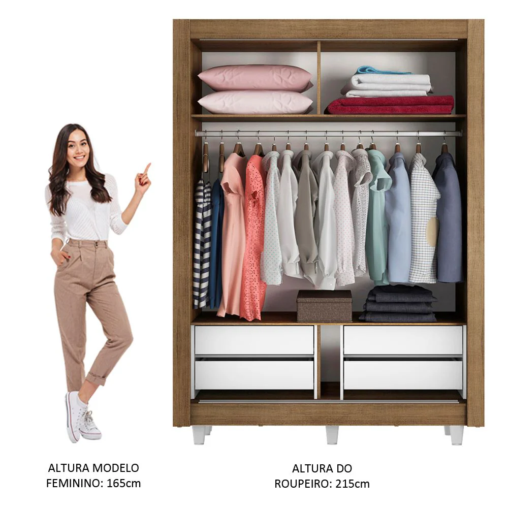 Guarda-Roupa Solteiro Madesa Dallas Plus 2 Portas de Correr com Espelho 4 Gavetas com Pés Rustic/Branco - Image 4