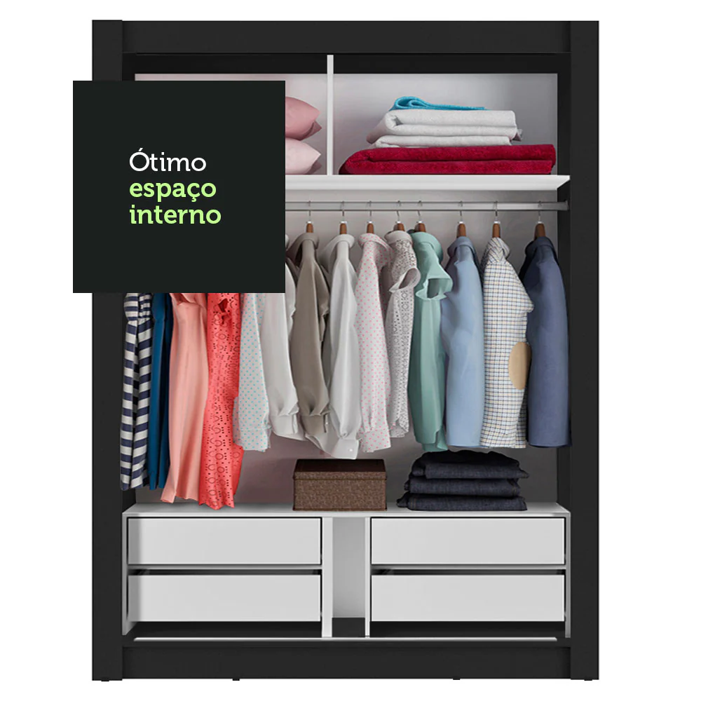 Guarda-Roupa Solteiro Madesa Dallas Plus 2 Portas de Correr com Espelho 4 Gavetas Preto/Branco - Image 7