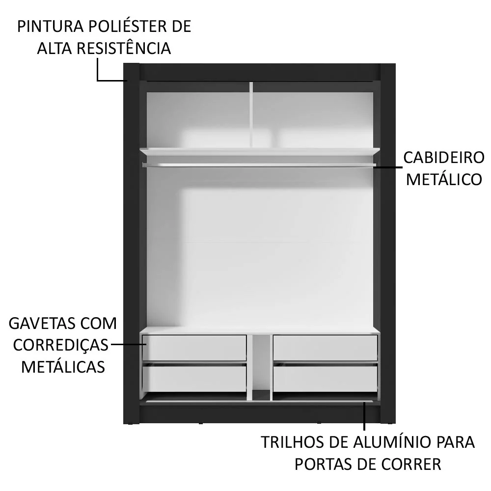 Guarda-Roupa Solteiro Madesa Dallas Plus 2 Portas de Correr com Espelho 4 Gavetas Preto/Rustic - Image 6