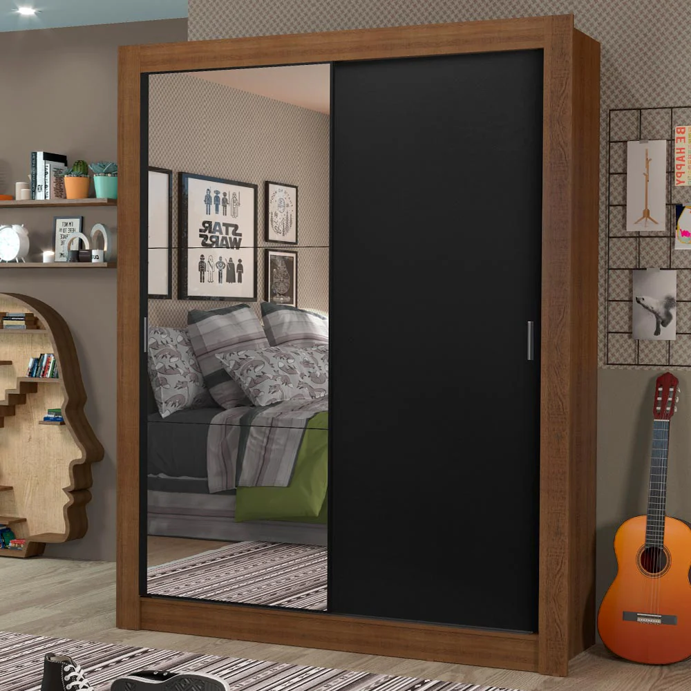 Guarda-Roupa Solteiro Madesa Dallas Plus 2 Portas de Correr com Espelho 4 Gavetas Rustic/Preto