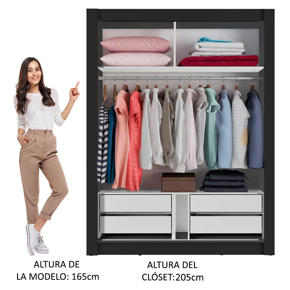 Guarda-Roupa Solteiro Madesa Dallas Plus 2 Portas de Correr de Espelho 4 Gavetas Preto - Image 5