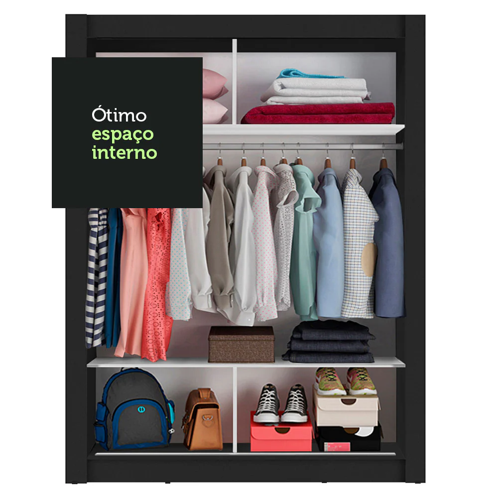 Guarda-Roupa Solteiro Madesa Denver 2 Portas de Correr com Espelho Preto/Cinza - Image 7