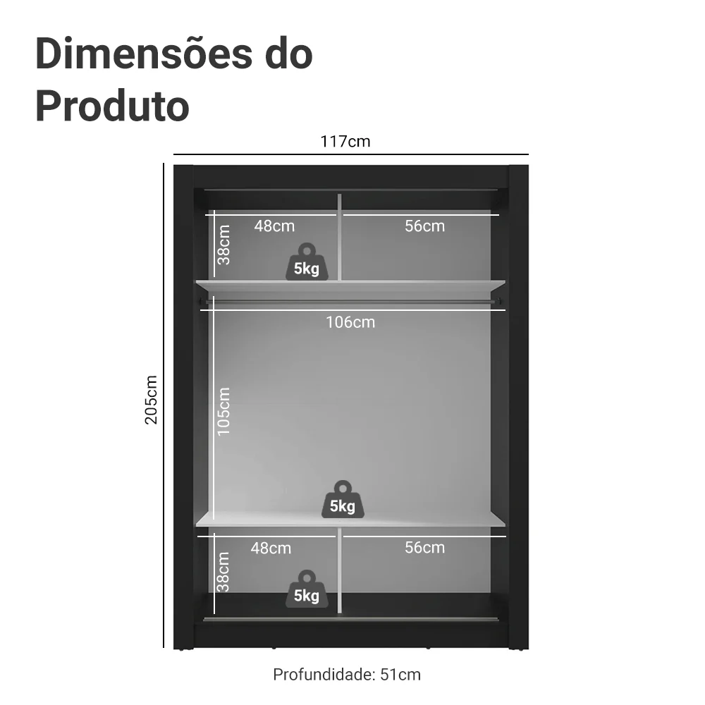 Guarda-Roupa Solteiro 2 Portas de Correr com Espelho Preto Madesa Denver - Image 3