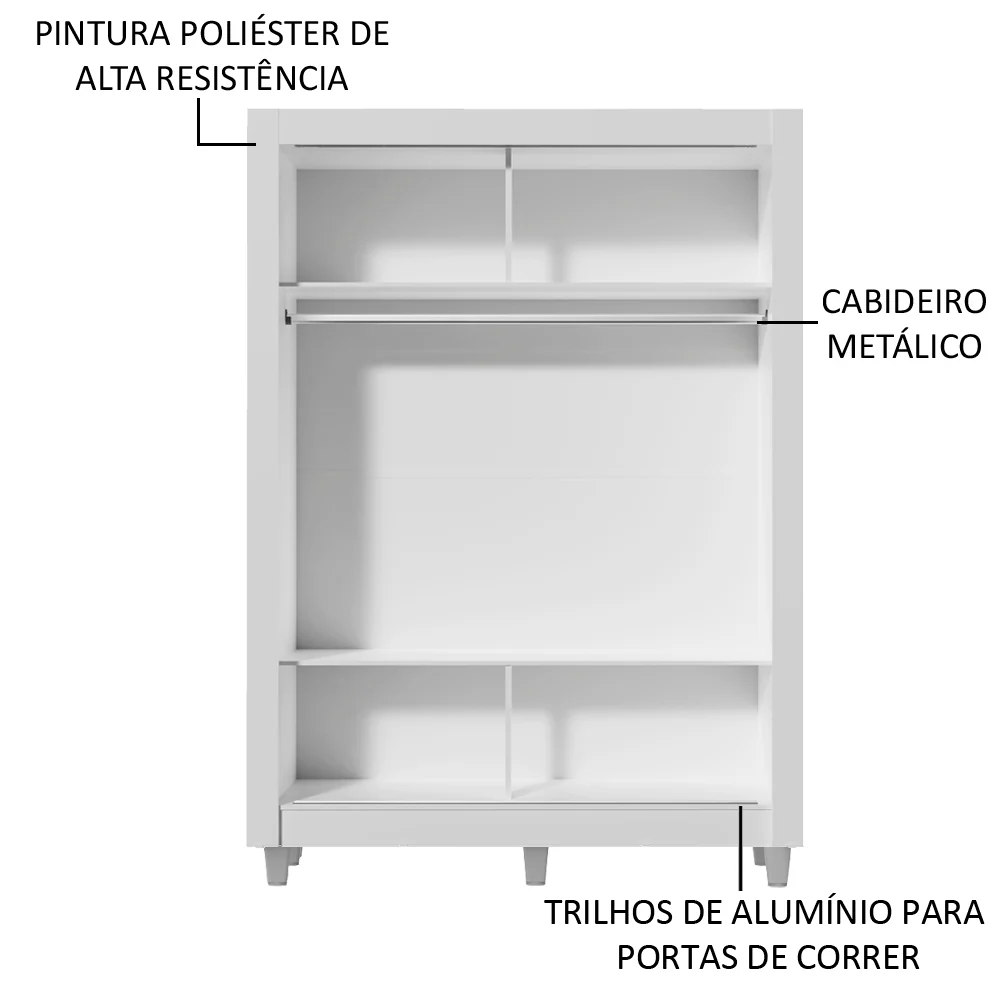 Guarda-Roupa Solteiro Madesa Denver 2 Portas de Correr de Espelho com Pés Branco - Image 5