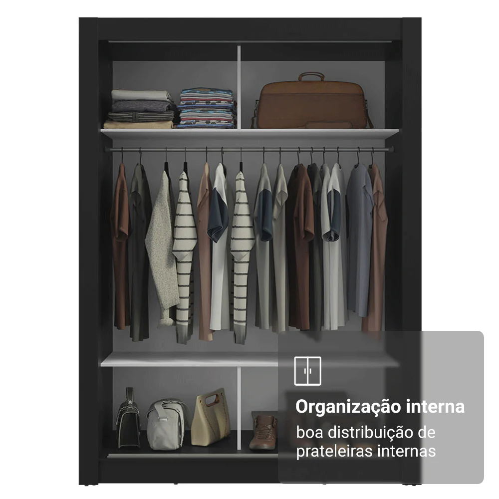 Guarda-Roupa Solteiro 2 Portas de Correr Preto Madesa Denver - Image 7