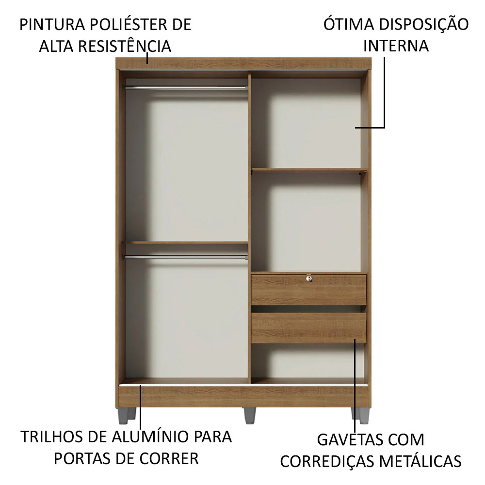 Guarda-Roupa Solteiro Madesa Luke 2 Portas de Correr de Espelho com Pés Rustic - Image 5