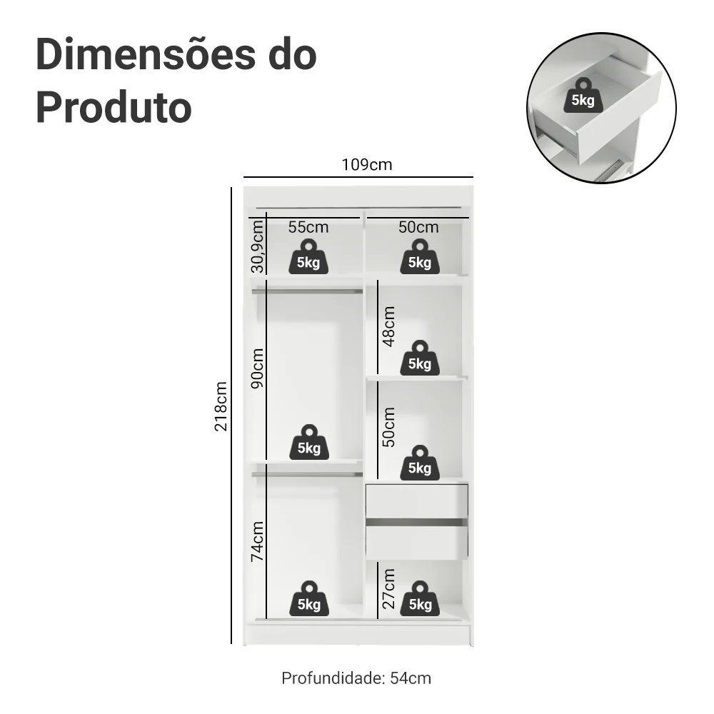 Guarda-Roupa Solteiro Madesa Tokio 2 Portas de Correr 2 Gavetas Branco/Preto - Image 3