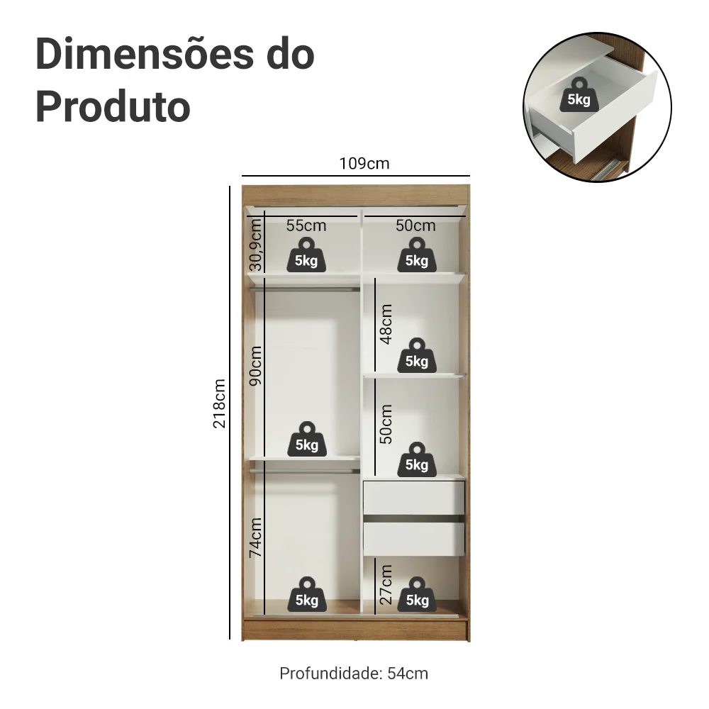 Guarda-Roupa Solteiro Madesa Tokio 2 Portas de Correr 2 Gavetas Rustic/Preto - Image 3