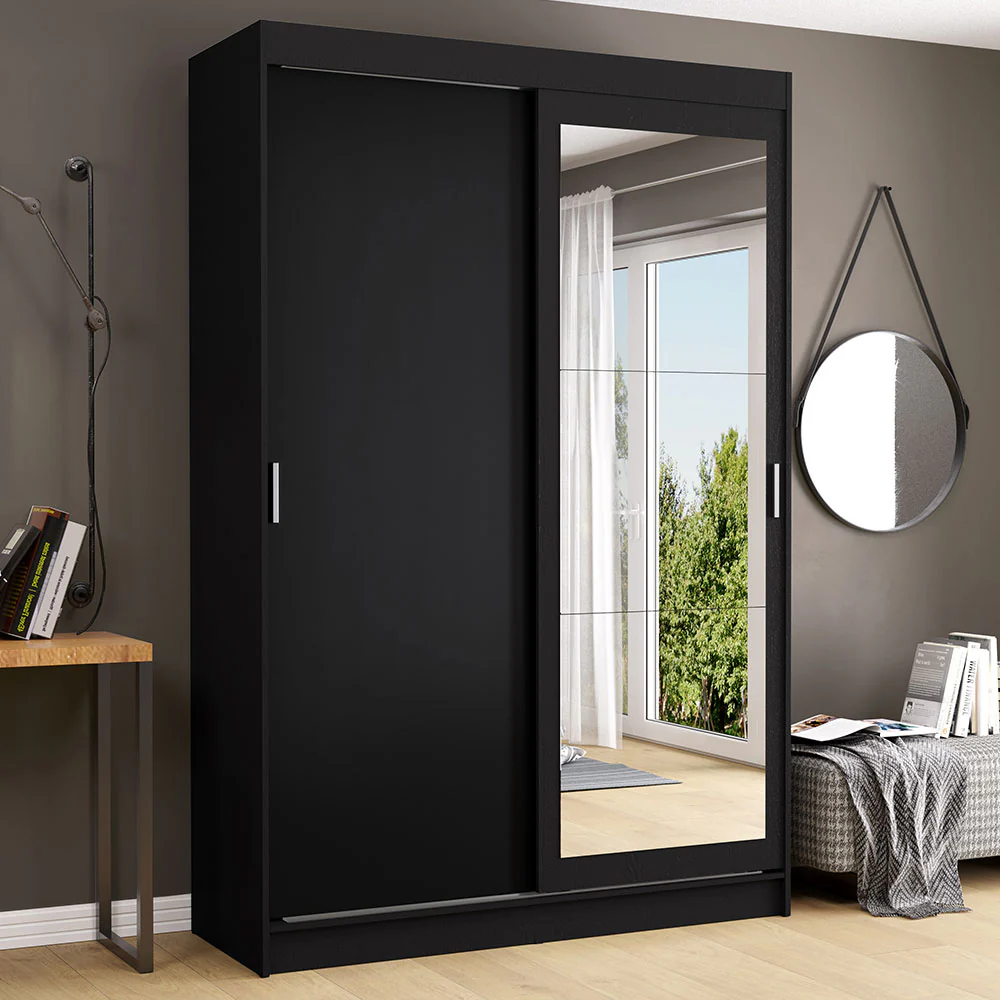 Guarda-Roupa Solteiro 2 Portas de Correr com Espelho 2 Gavetas Preto Madesa Tokio