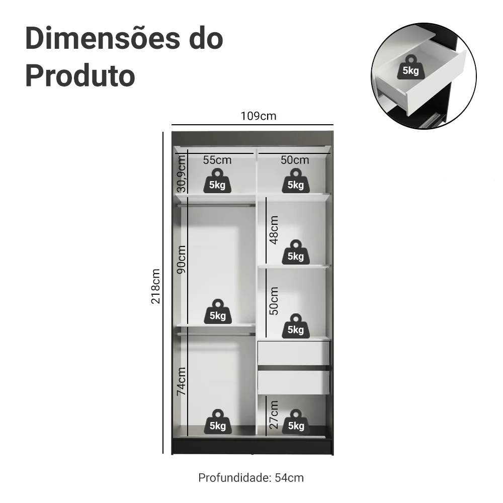 Guarda-Roupa Solteiro Madesa Tokio 2 Portas de Correr com Espelho 2 Gavetas Preto/Branco - Image 3