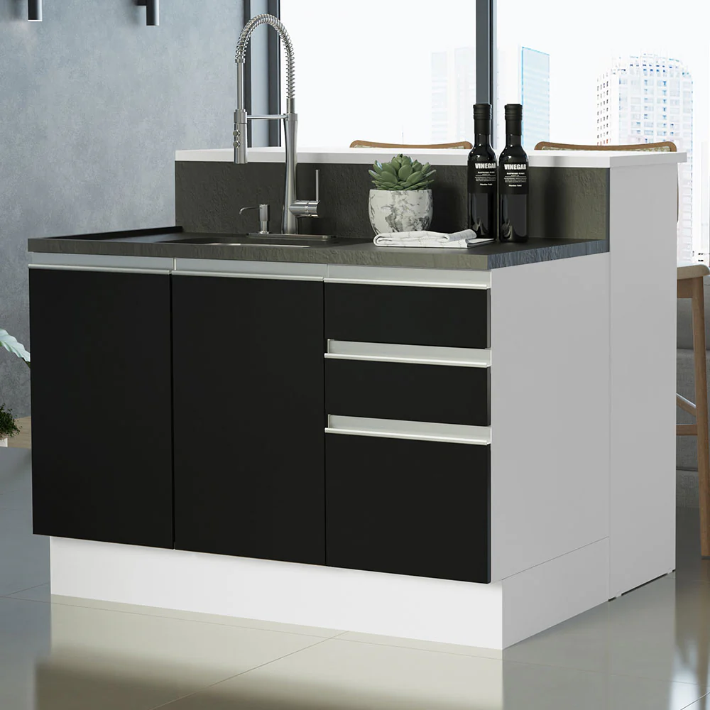 Ilha de Cozinha com Bancada e Balcão 120 cm Branco/Preto Glamy Madesa