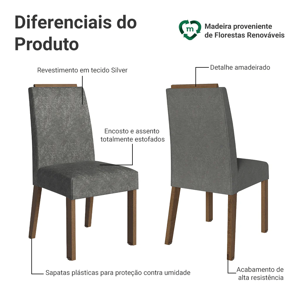 Kit 4 Cadeiras de Jantar 4255 com Espaldar Rustic/Silver Madesa - Image 4