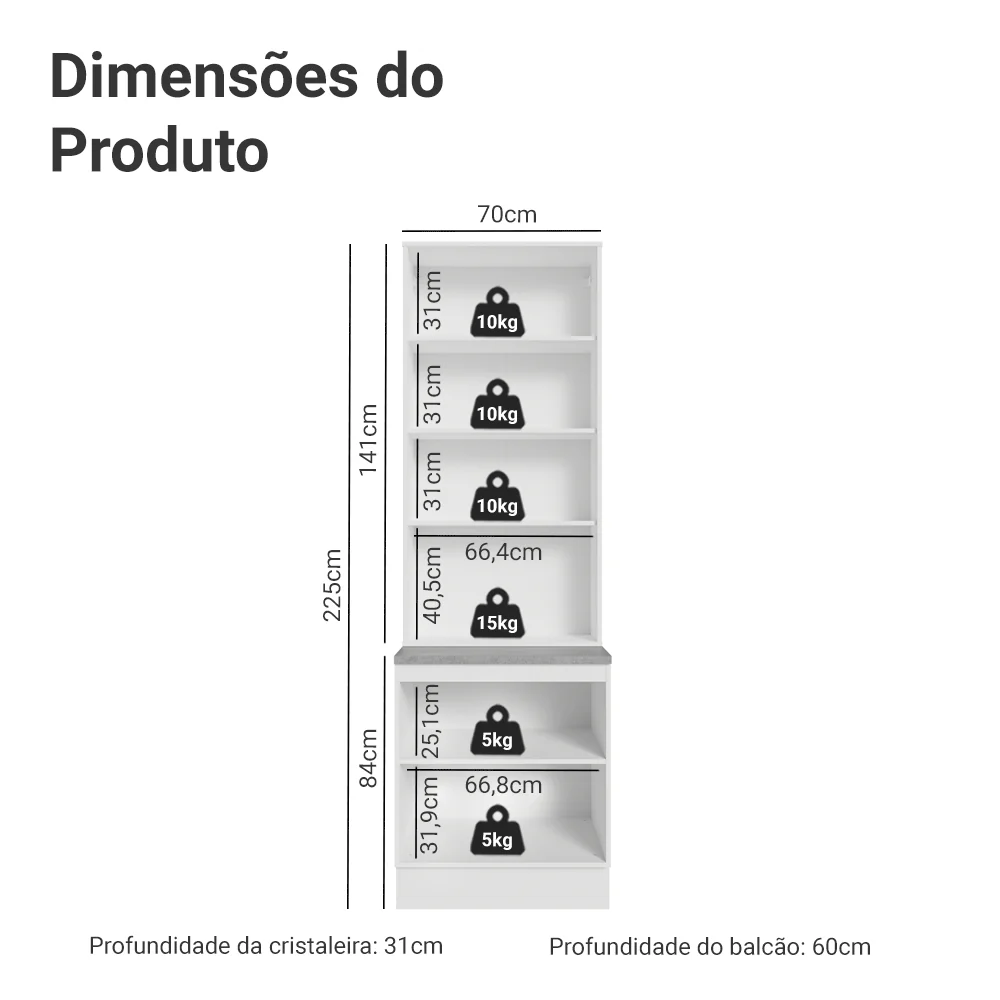 Kit Balcão + Cristaleira 70 cm Branco Vik Madesa 01 - Image 3