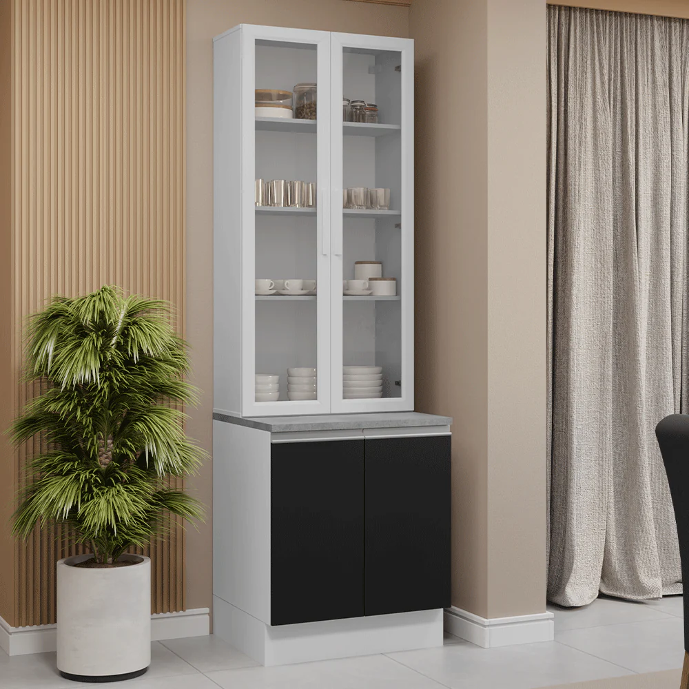 Kit Balcão + Cristaleira 70cm Branco/Preto Glamy Madesa 02