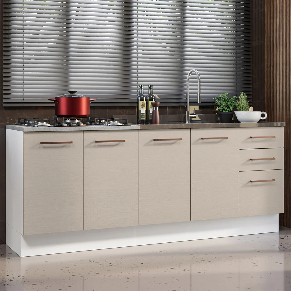 Kit com 2 Balcões de Cozinha 3 Gavetas 4 Portas (Sem Tampo e Pia) Branco/Crema Agata Madesa