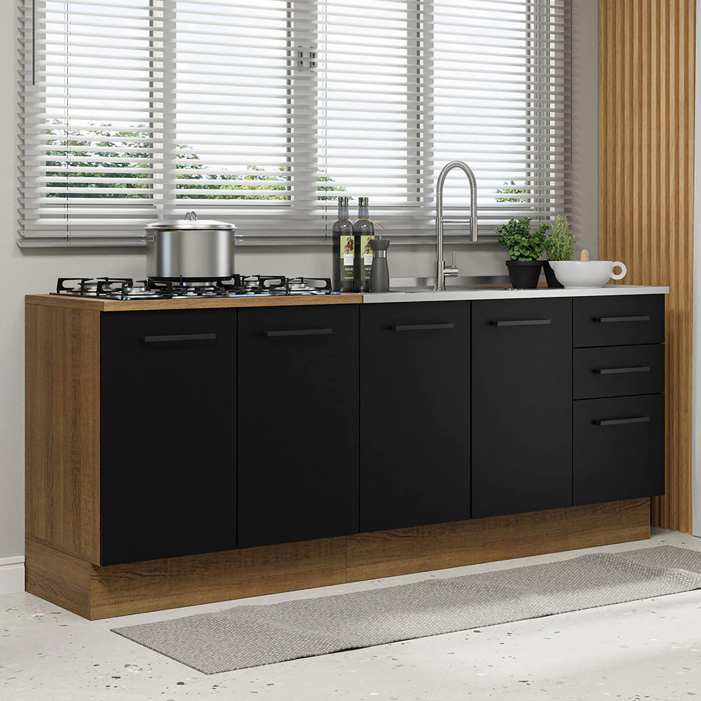 Kit com 2 Balcões de Cozinha Madesa Agata 3 Gavetas 4 Portas (Sem Tampo e Pia) Rustic/Preto