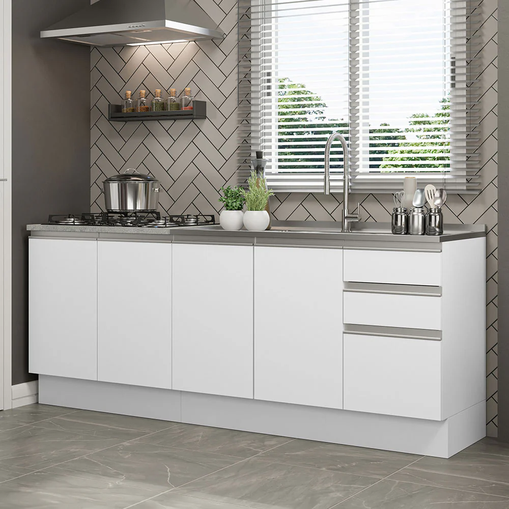Kit com 2 Balcões de Cozinha Madesa Glamy 4 Portas 3 Gavetas (Sem Tampo e Pia) Branco Branco