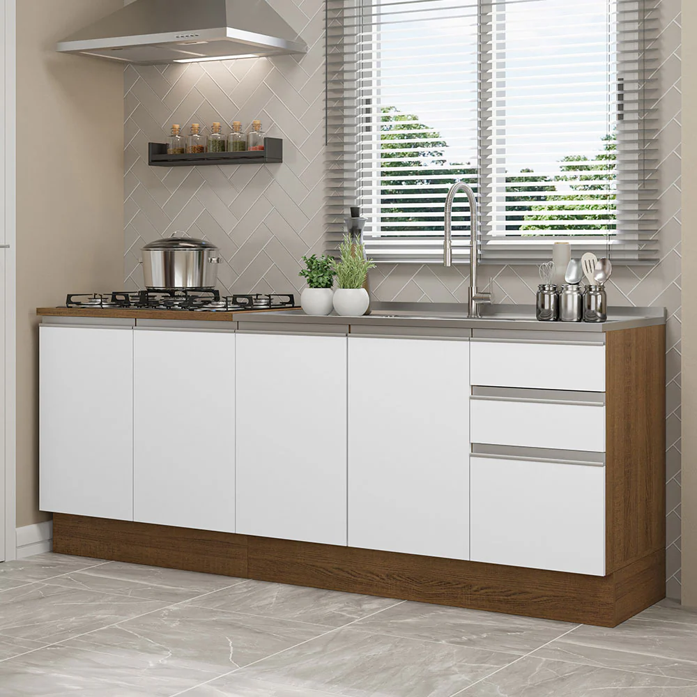 Kit com 2 Balcões de Cozinha Madesa Glamy 4 Portas 3 Gavetas (Sem Tampo e Pia) Rustic/Branco Rustic/Branco