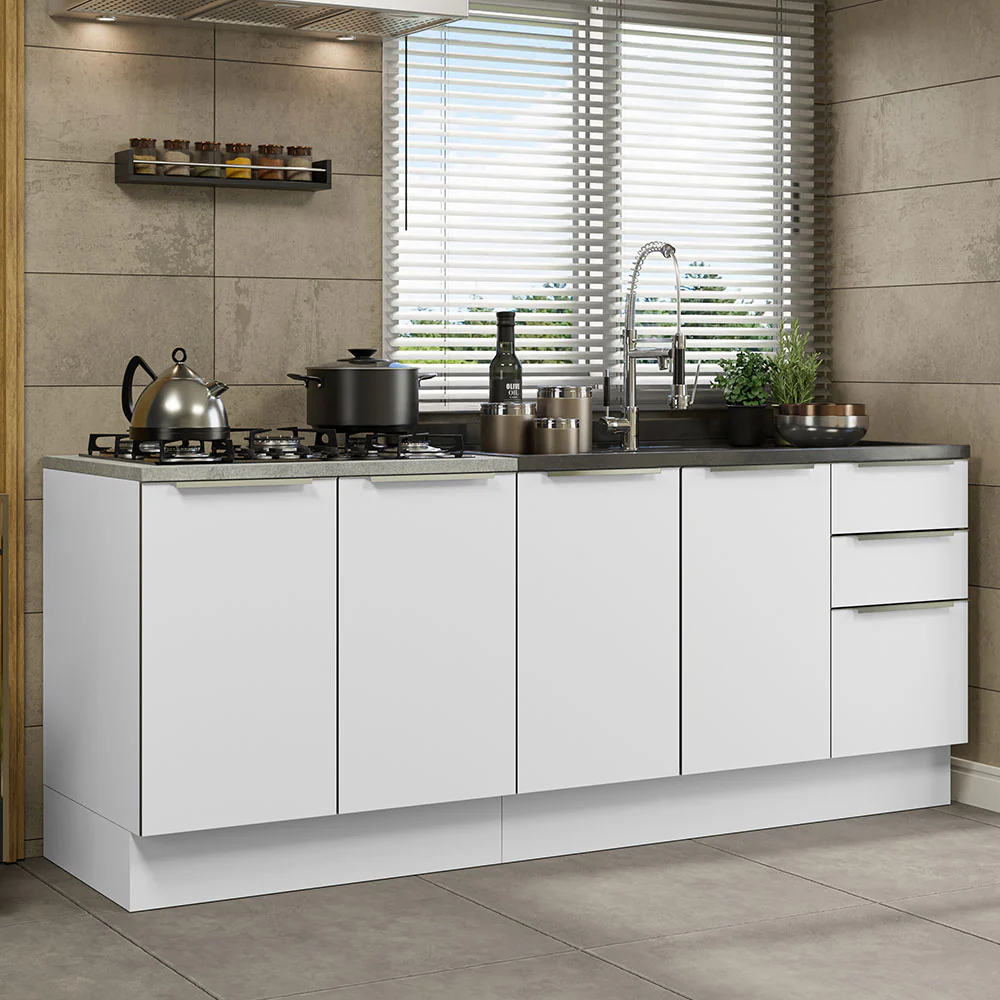 Kit com 2 Balcões de Cozinha 4 Portas 3 Gavetas 200 x 60 cm (Sem Tampo e Pia) Branco/Branco Veludo Lux Madesa