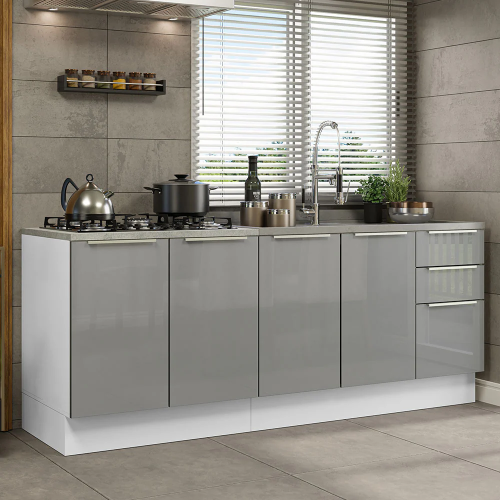 Kit com 2 Balcões de Cozinha 4 Portas 3 Gavetas 200 x 60 cm (Sem Tampo e Pia) Branco/Cinza Lux Madesa