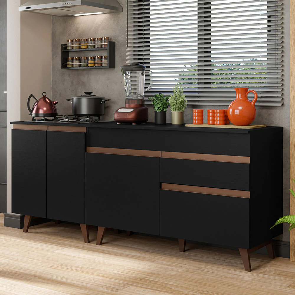 Kit com 2 Balcões de Cozinha Madesa Reims 4 Portas 1 Gaveta (Com Tampo) Preto