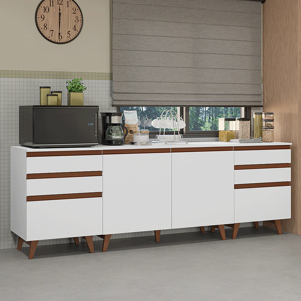 Kit com Três Balcões de Cozinha 2 Portas 6 Gavetas (com tampo) Branco Reims Madesa