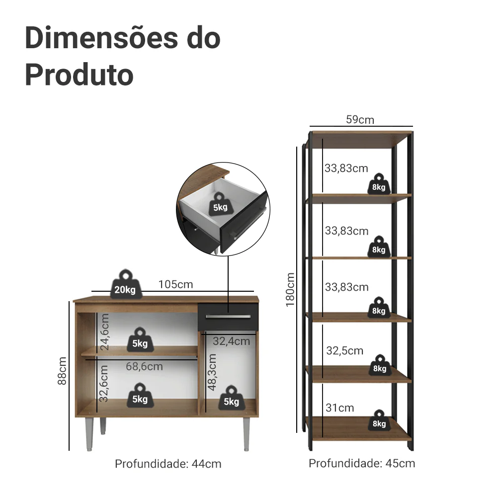 Kit Cozinha Balcão Gabinete 3 Portas 1 Gaveta e Armário Cozinha Despensa 5 Prateleiras Preto/Rustic - Image 3