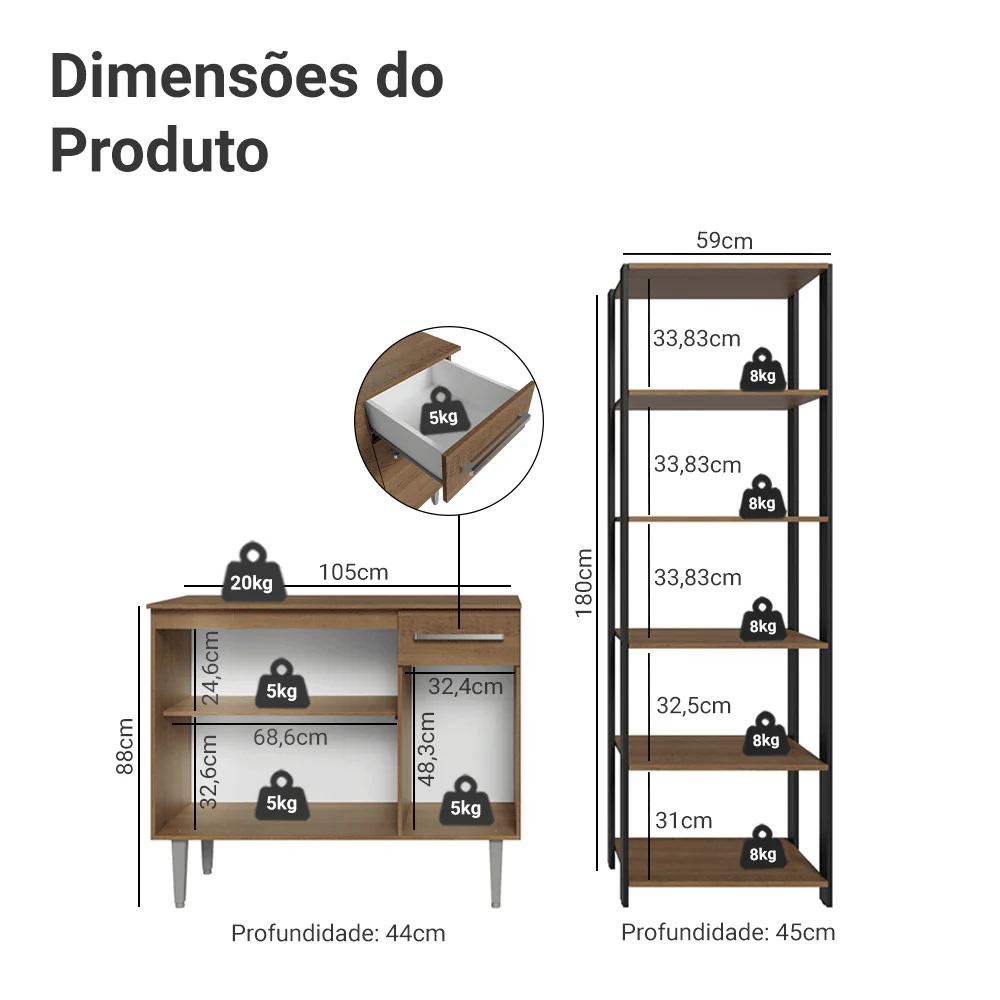 Kit Cozinha Balcão Gabinete 3 Portas 1 Gaveta e Armário Cozinha Despensa 5 Prateleiras Rustic/Preto - Image 3