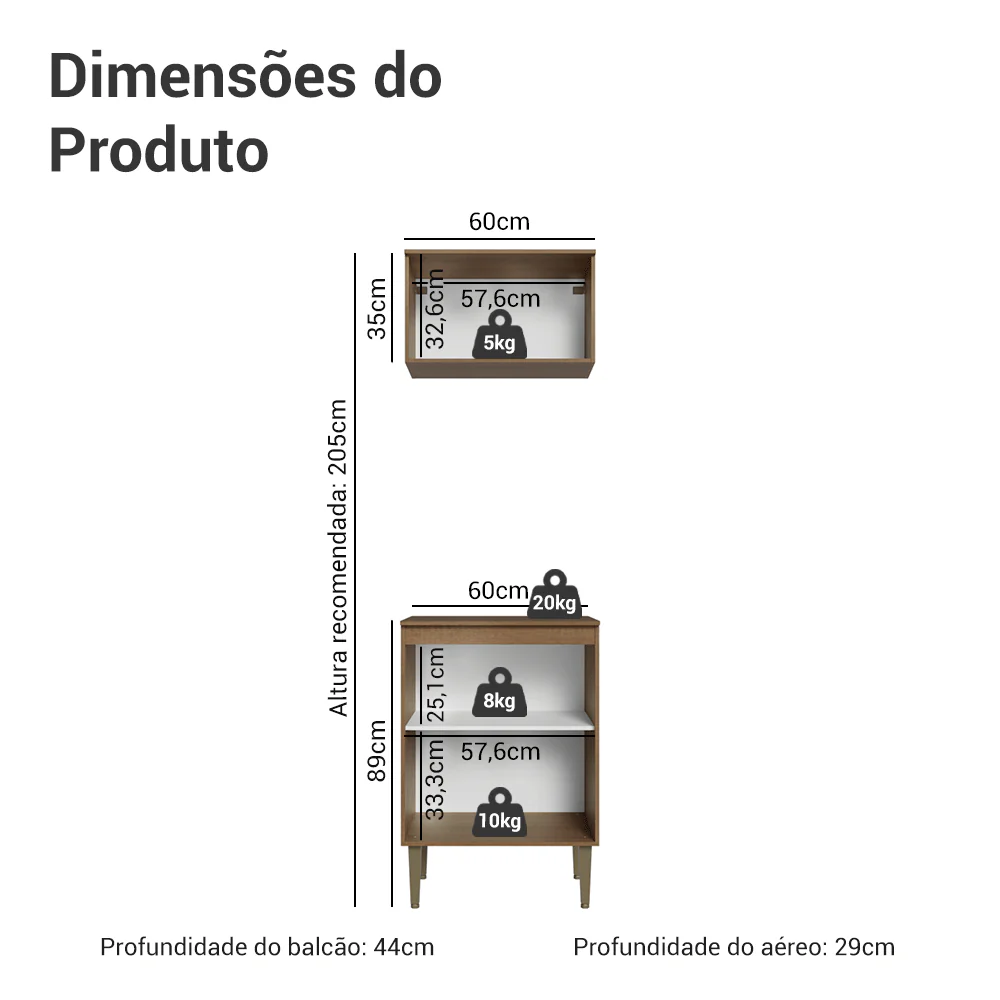 Kit Cozinha com Armário Aéreo e Balcão 60 cm Rustic/Branco Lille Madesa - Image 3