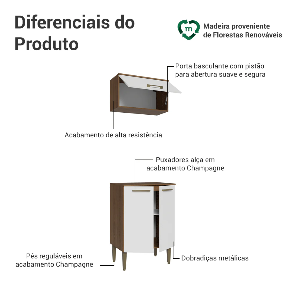 Kit Cozinha com Armário Aéreo e Balcão 60 cm Rustic/Branco Lille Madesa - Image 4