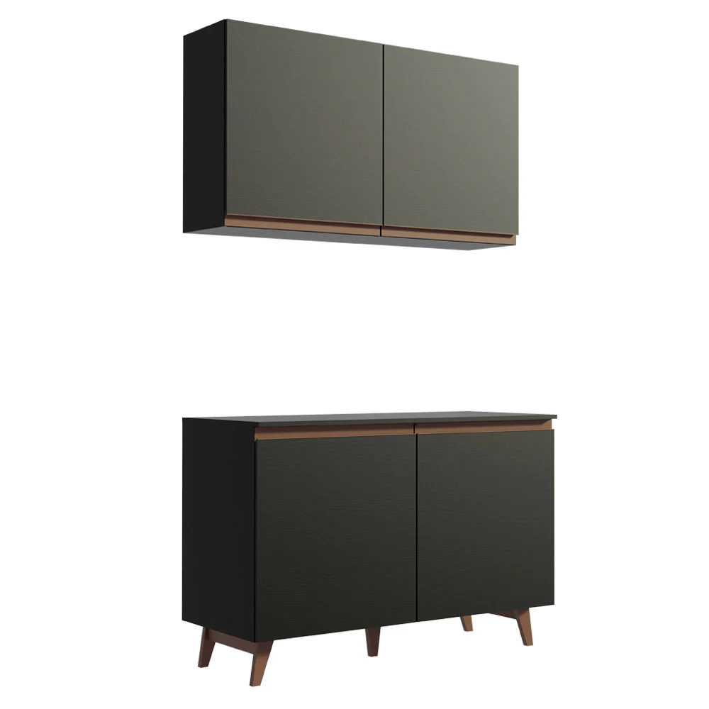 Kit Madesa Reims 120 cm com Armário Aéreo e Balcão Gabinete de Pia Preto