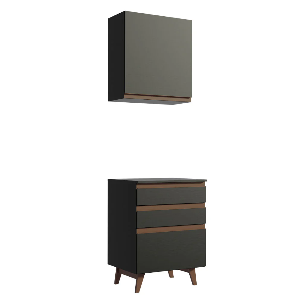 Kit Madesa Reims 60 cm com Armário Aéreo e Balcão com 3 Gavetas Preto