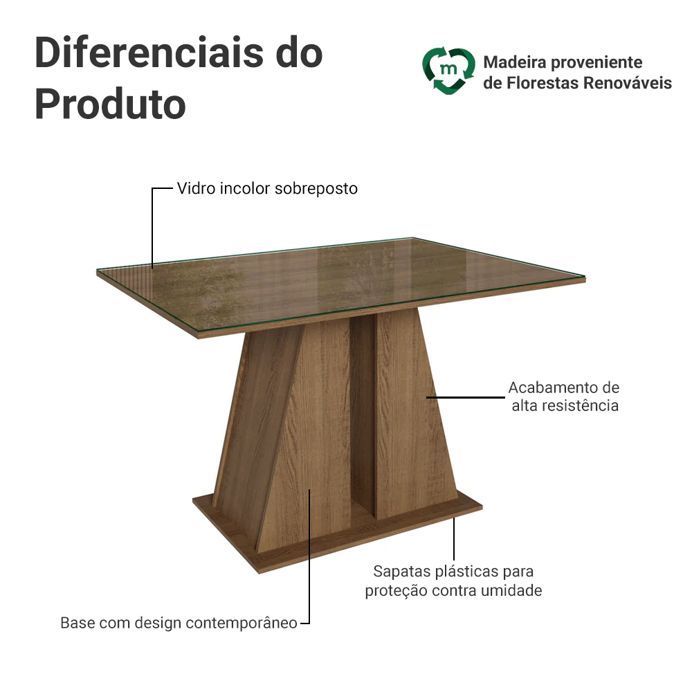 Mesa de Jantar Retangular Tampo de Vidro Rustic 5383 Madesa - Image 3