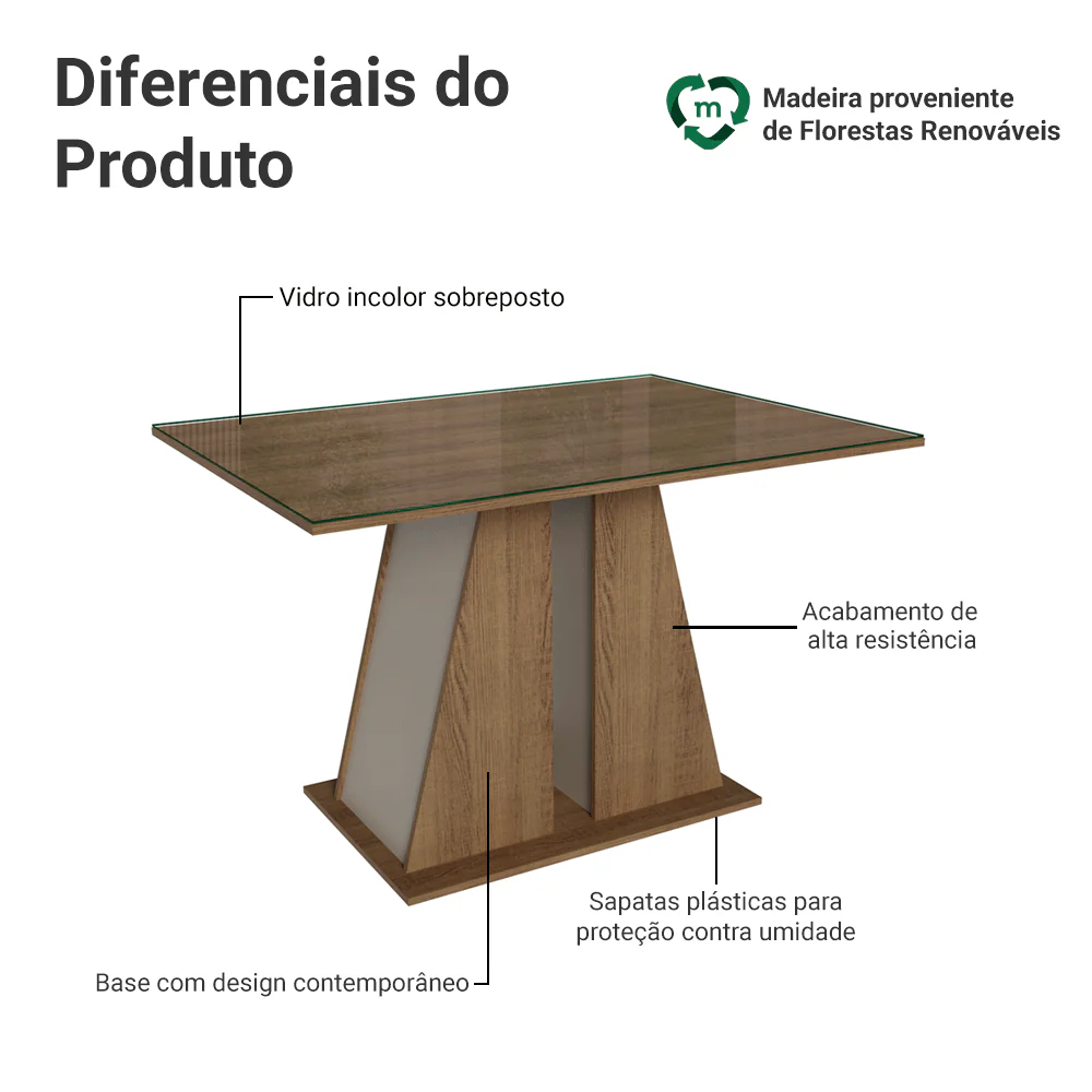 Mesa de Jantar Retangular Tampo de Vidro Rustic/Crema 5383 Madesa - Image 3
