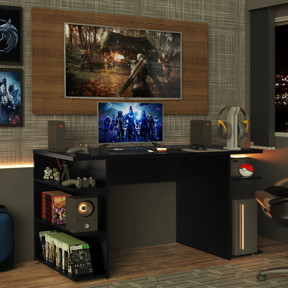 Mesa para Computador Gamer Madesa 9409 e Painel para TV até 50 Polegadas Preto/Rustic