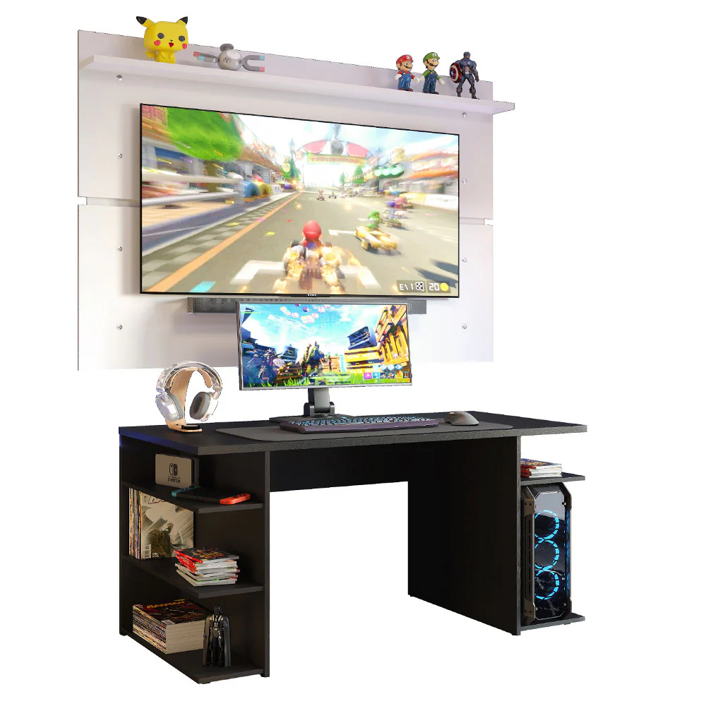 Mesa para Computador Gamer Madesa 9409 e Painel para TV até 65 Polegadas Preto/Branco