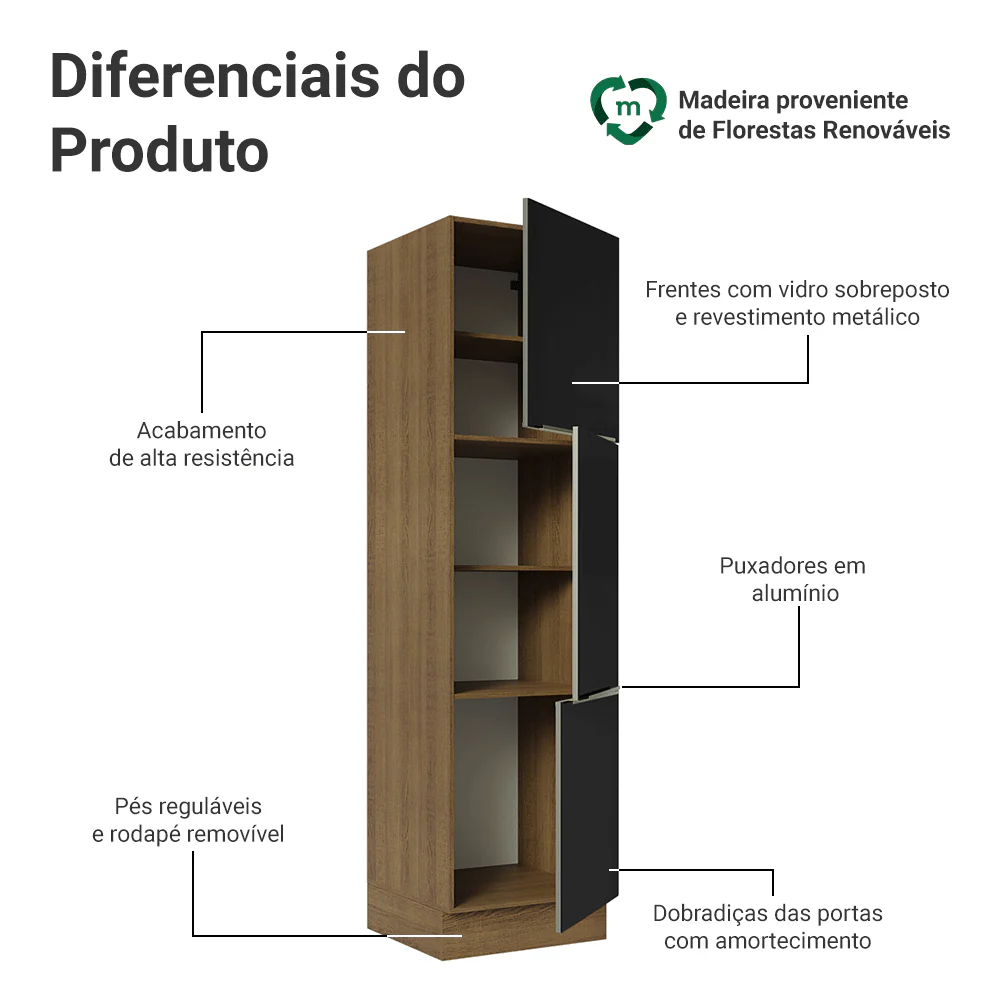 Paneleiro 60 cm 3 Portas Rustic/Preto Lux Madesa - Image 3