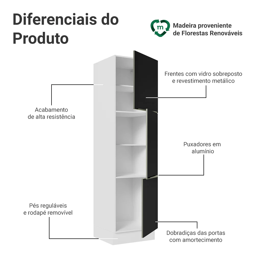 Paneleiro 60 x 60 cm 3 Portas Branco/Preto Lux Madesa - Image 3