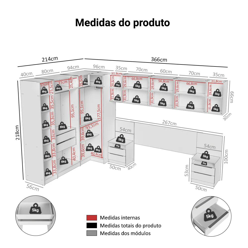 Quarto Completo Casal 580 cm Guarda-Roupa de Canto com Espelhos Branco Neo Madesa 02 - Image 3