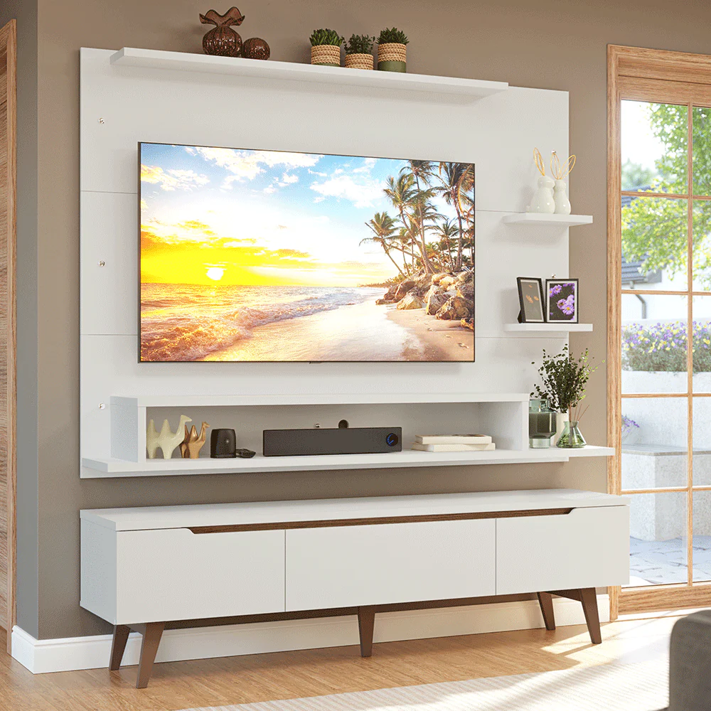 Rack com Painel para TV até 60 Polegadas 180 cm com Pés Branco/Rustic Reims Madesa
