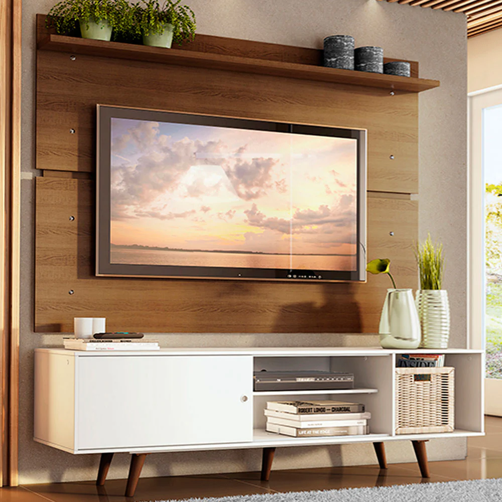 Rack Madesa Dubai e Painel para TV até 65 Polegadas com Pés Branco/Rustic 095Z