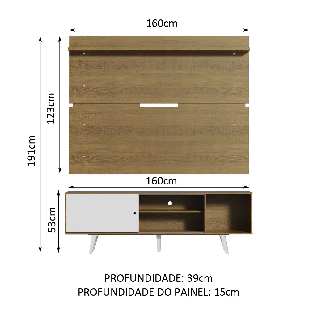 Rack Madesa Dubai e Painel para TV até 65 Polegadas com Pés Rustic/Branco 6E6E - Image 3