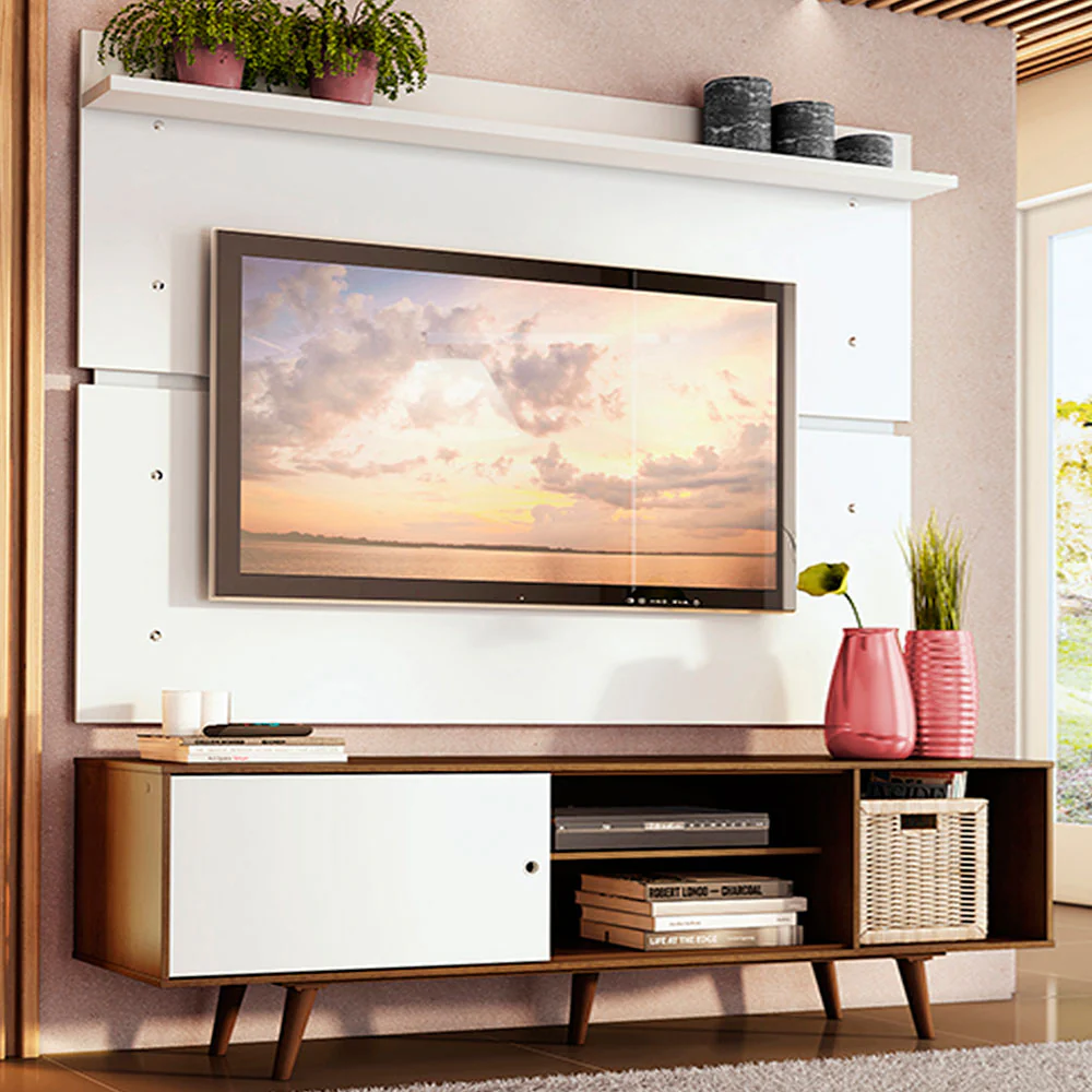 Rack Madesa Dubai e Painel para TV até 65 Polegadas com Pés Rustic/Branco 6E9B