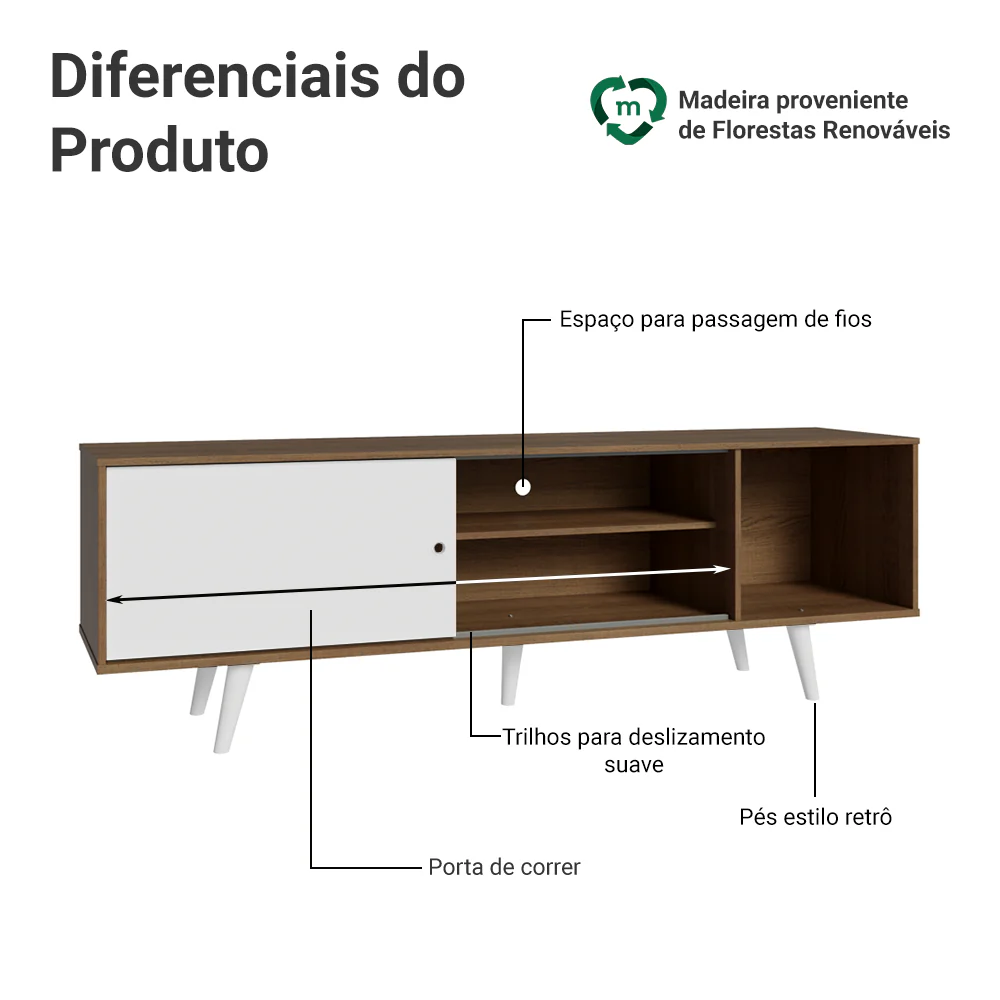 Rack Madesa Dubai para TV até 65 Polegadas com Pés Rustic/Branco 6E09 - Image 4