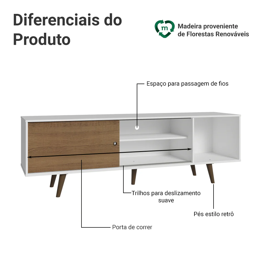 Rack Madesa Dubai para TV até 65 Polegadas com Pés Branco/Rustic 9B5Z - Image 4